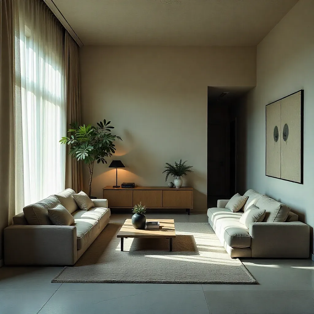Open plan lounge with warm earthy tones and decluttered space